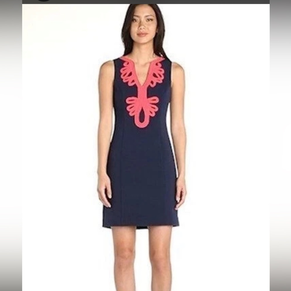 NWT Lilly Pulitzer Janice Shift Dress  True Navy Coral Soutache Trim